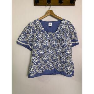 CAbi Limited Edition Inspire Embroidered Blue Ivory Eyelet Blouse M